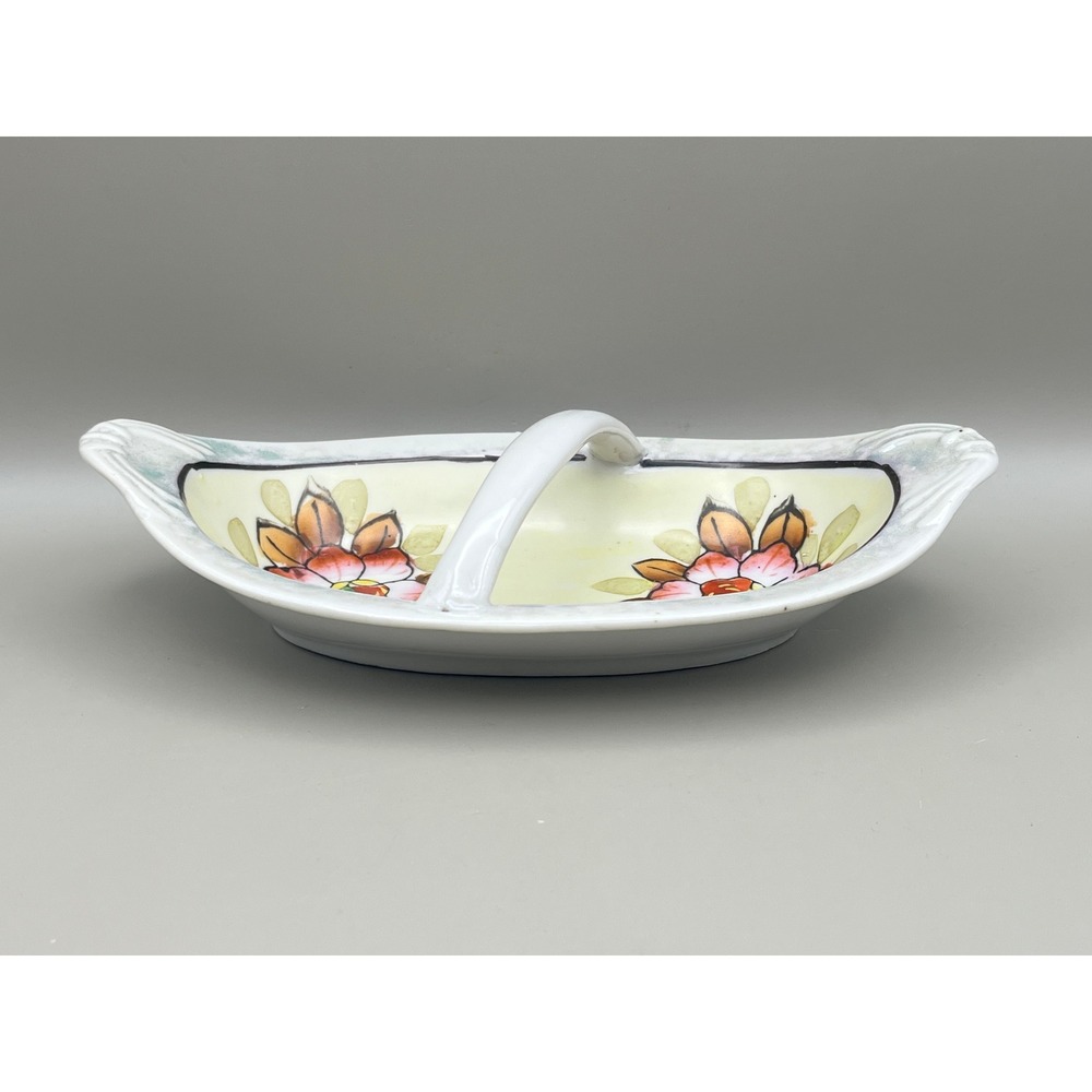 Vtg Hand Painted Japan Porcelain Floral Basket Trinket Dish Lustreware Handle 7"